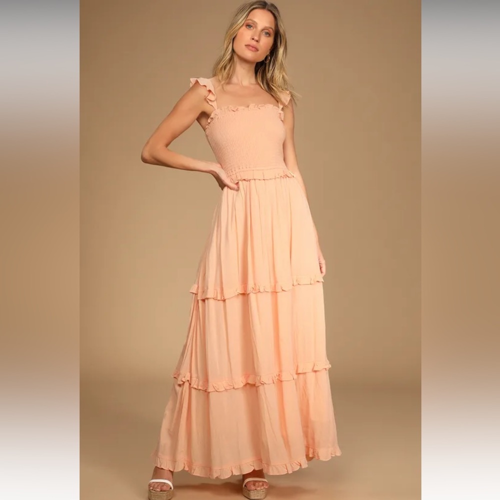 Fun Afternoon Peach Pink Smocked Tiered Maxi Dress from Lulus